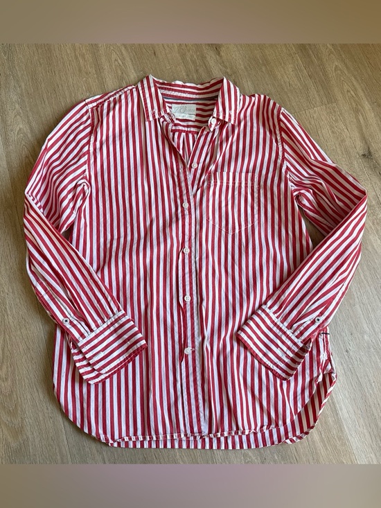 J. Crew Tops - J. Crew Classic Cherry Red and White Vertical Stripe Button-Down Shirt 4